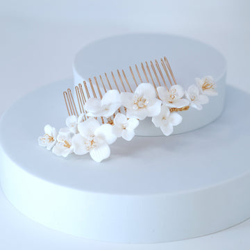 Ceramic White Flowers Pearl Hair comb, Bridal Gold Finish Hair Piece, Bridal Hair Accessories, Wedding Hair Accessory.